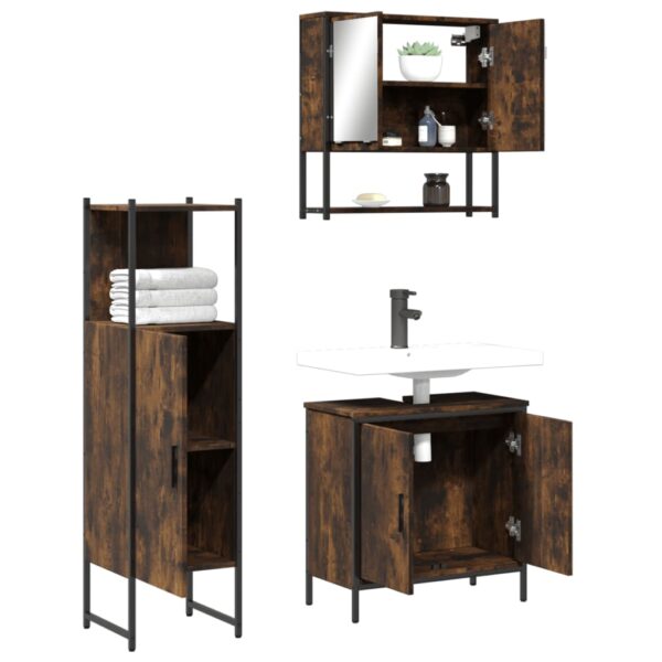 vidaXL 3 Piece Bathroom Furniture Set Smoked Oak Engineered Wood - Image 4