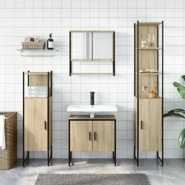 vidaXL 4 Piece Bathroom Furniture Set Smoked Oak Engineered Wood - Image 4