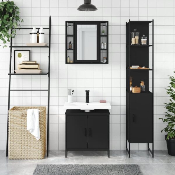 vidaXL 3 Piece Bathroom Cabinet Set Black Engineered Wood - Image 3