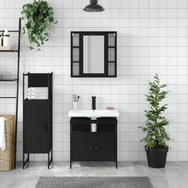 vidaXL 3 Piece Bathroom Cabinet Set Black Engineered Wood - Image 3